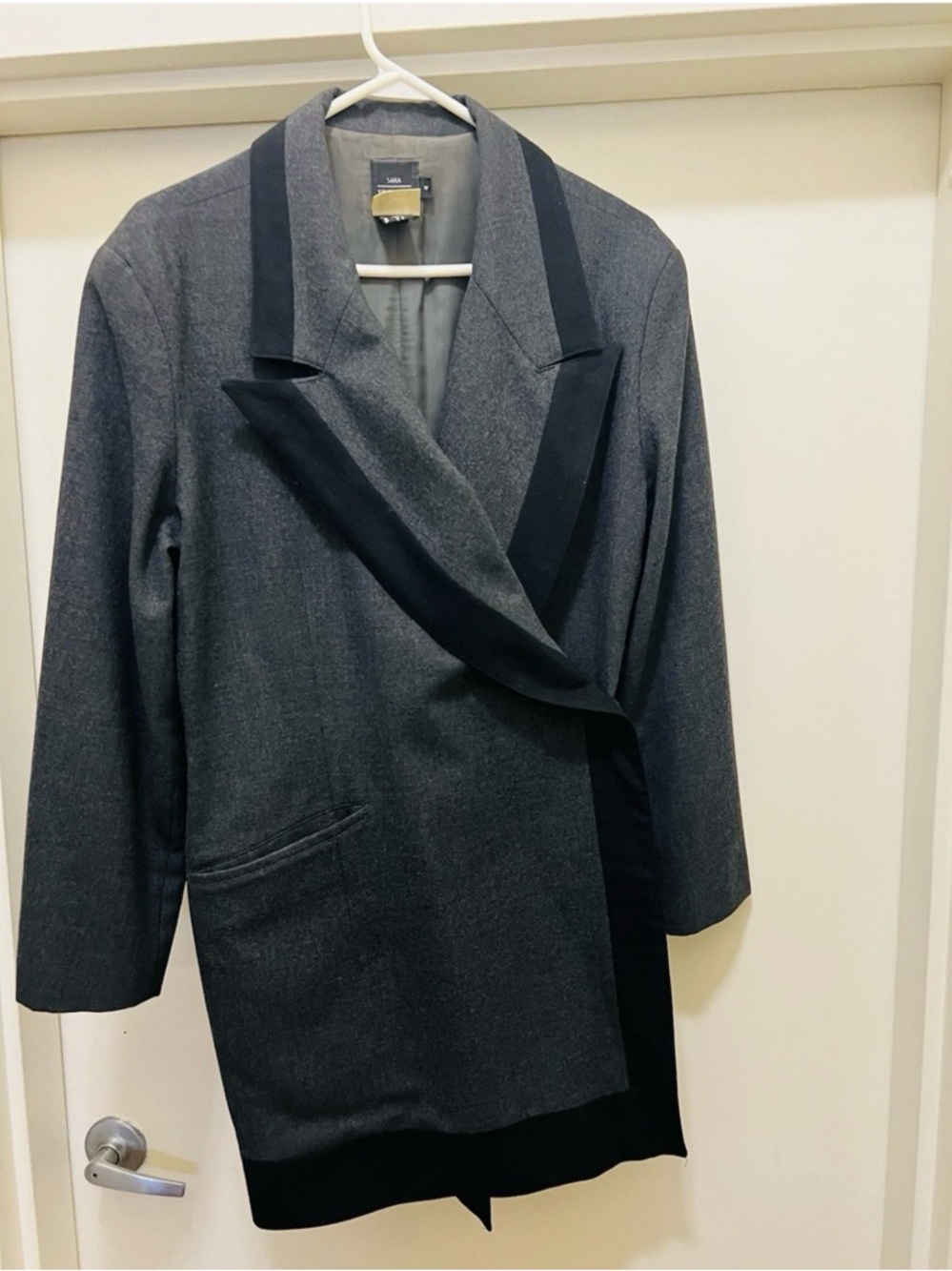 Sara Sturgeon Women's Gray Blazer Coat with Black Contrast Trim